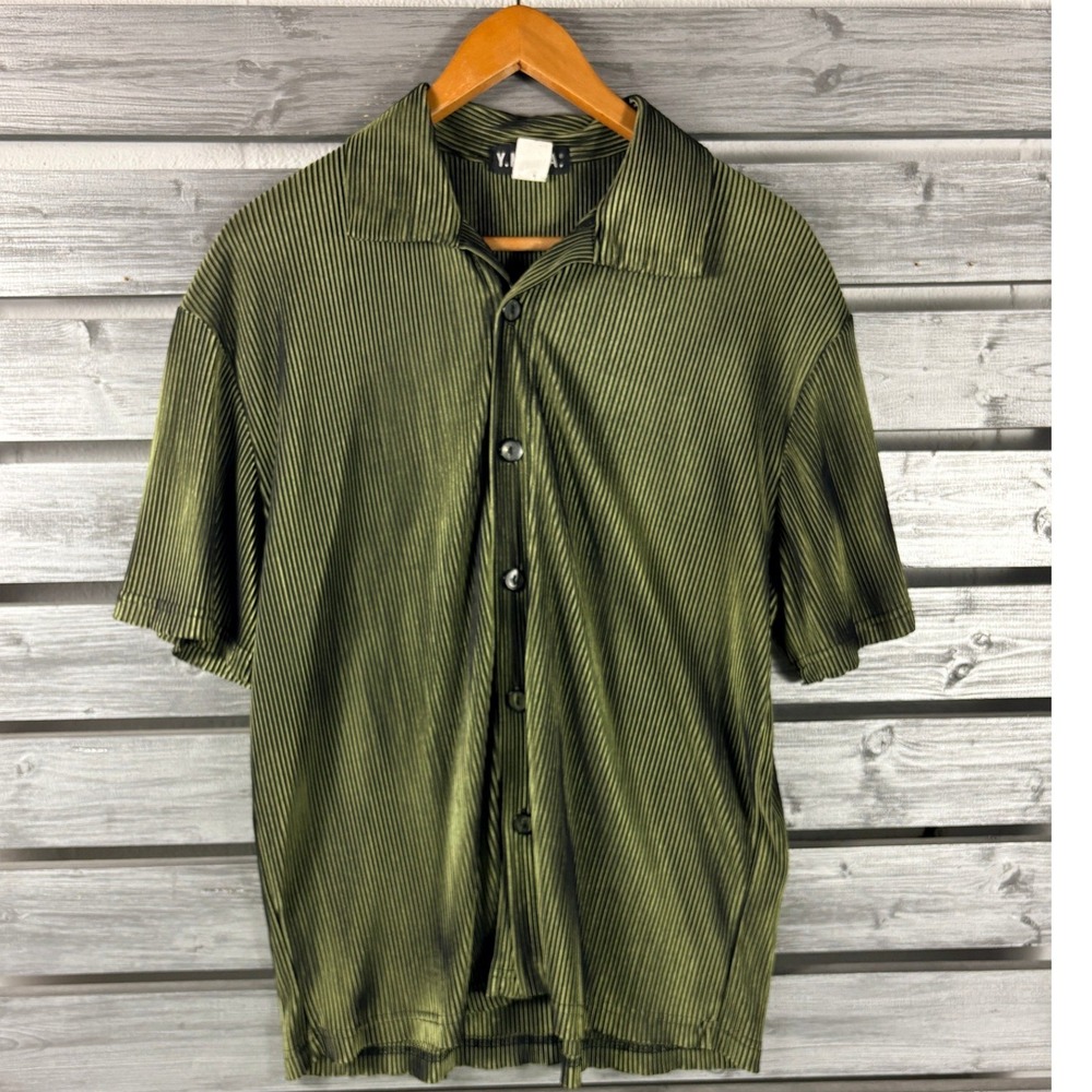 Vtg 90s YMLA Mens Epic Club Disco Green Black Micro Pleated Short Sleeve Shirt M